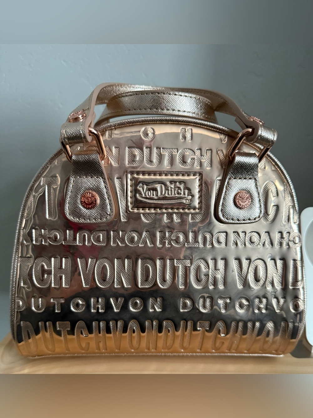 Von Dutch small Metallic Rose Gold Reflective Bowling style bag NIB